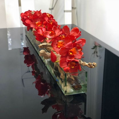 120 cm moderna casa vidrio jardinera con rojo cymbidium orquídeas.