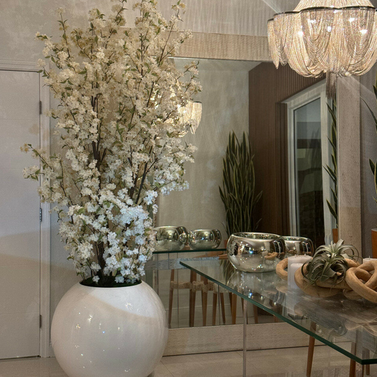 76 cm brillante blanco esférico jarrón con blanco cerezo flor ramas