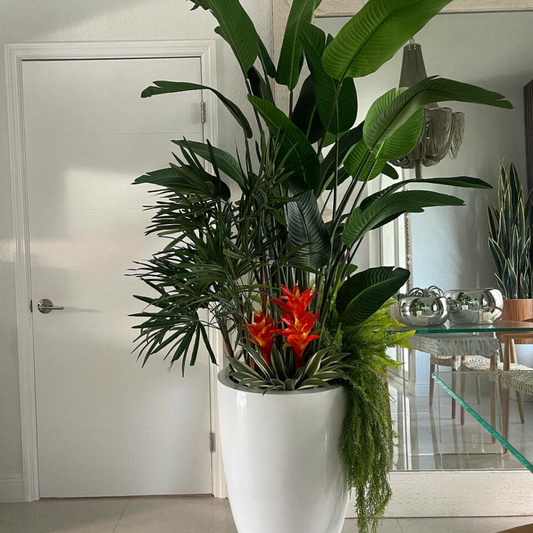 brannan Tropical Plant arreglo en un brillante blanco maceta