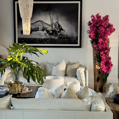 grande teca jarrón con natural edges y rosa vanda orquídeas