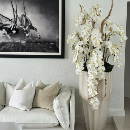 arena beige san josé jarrón con cascada blanco orquídeas