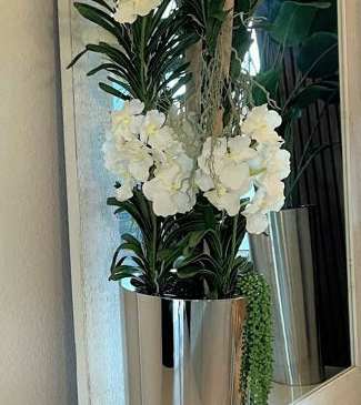 blanco vanda orquídeas en inoxidable acero cono jardinera