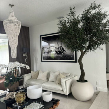 7′ olivo árbol en mate beige 30″ esférico jardinera