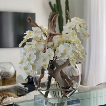 16″ luna jarrón con blanco orquídeas