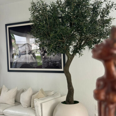7′ olivo árbol en mate beige 30″ esférico jardinera