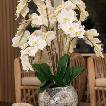 orquídeas en craquelado espejo jarrón