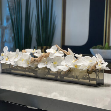 36″ Casa Moderna negro teñido vidrio plato jardinera con blanco phalaenopsis orquídeas