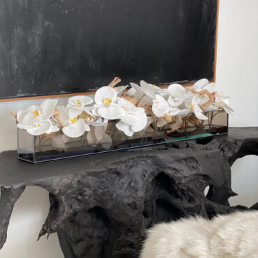 36″ Casa Moderna negro teñido vidrio plato jardinera con blanco phalaenopsis orquídeas