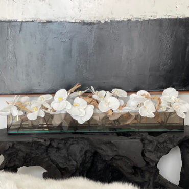 36″ Casa Moderna negro teñido vidrio plato jardinera con blanco phalaenopsis orquídeas