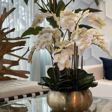 blanco phalaenopsis orquídeas en dorado metal Bowie cuenco