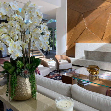 delaney dorado maceta con múltiples Stems de phalaenopsis orquídeas y Succulents